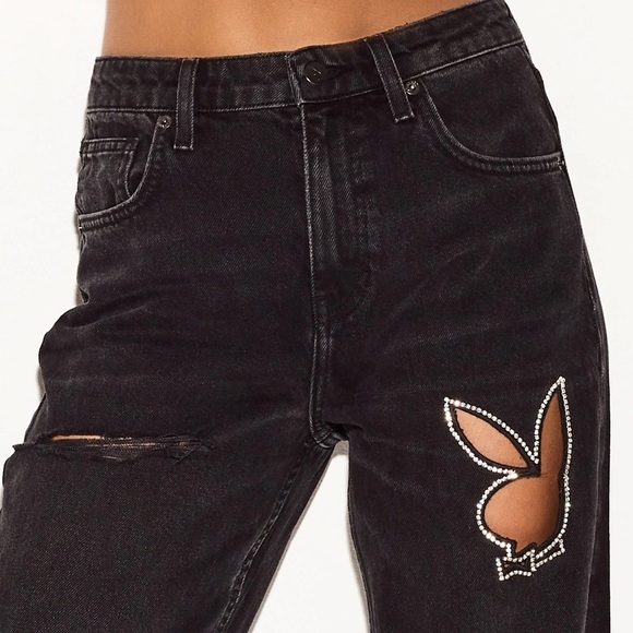NWT Playboy High Rise Wide Leg Jeans Rhinestone Bunny Cut Out Sz 29 - Picture 16 of 16